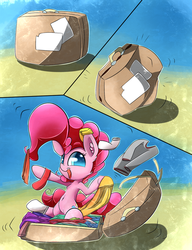 Size: 1024x1331 | Tagged: safe, artist:madacon, pinkie pie, earth pony, pony, g4, belly button, briefcase, clothes, cute, diapinkes, ear fluff, female, happy, mare, open mouth, open smile, smiling, solo