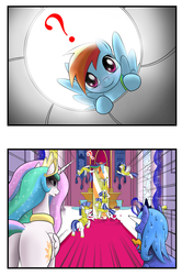 Size: 1268x1908 | Tagged: safe, artist:phoenixperegrine, princess celestia, princess luna, rainbow dash, alicorn, pegasus, pony, g4, butt, cannon, comic, context is for the weak, curious, cute, dashabetes, female, friendship is magic bitch, mare, plot, pony cannonball, royal guard, sunbutt, sweat, this will end in tears and/or a journey to the moon, throne room, to the moon, tyrant celestia