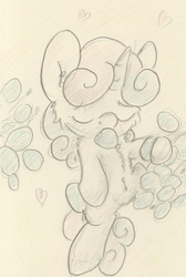 Size: 620x925 | Tagged: safe, artist:slightlyshade, sweetie belle, g4, chest fluff, eyes closed, female, grapes, solo, traditional art