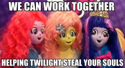 Size: 636x349 | Tagged: safe, fluttershy, pinkie pie, twilight sparkle, equestria girls, g4, animegao kigurumi, clothes, helping twilight win the crown, peruvian nightmare squad, song reference