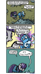 Size: 500x896 | Tagged: safe, artist:foudubulbe, maud pie, trixie, earth pony, pony, unicorn, comic:damp rocks, g4, asmr, comic, eargasm, female, grin, head tilt, hoof hold, lesbian, mare, music notes, paper, reading, rubble, ship:mauxie, shipping, shivering, smiling, swoon, wide eyes
