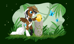 Size: 900x540 | Tagged: safe, artist:ellisarts, oc, oc only, oc:tobiana, butterfly, pony, bipedal, hat, indiana jones, raiders of the lost ark, solo