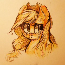 Size: 3156x3156 | Tagged: safe, artist:locksto, applejack, g4, crying, ear fluff, female, high res, portrait, sad, solo, traditional art