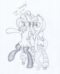 Size: 1024x1268 | Tagged: safe, artist:cyanyeh, fluttershy, pinkie pie, g4, blushing, clothes, female, imminent sex, lesbian, monochrome, ship:flutterpie, shipping, socks, striped socks, traditional art
