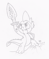 Size: 663x800 | Tagged: safe, artist:dfectivedvice, spike, g4, grayscale, male, monochrome, solo, sword, traditional art