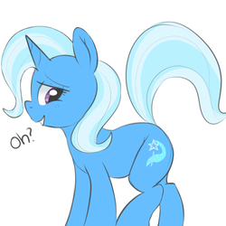 Size: 1000x1000 | Tagged: safe, artist:princesspegansfw, trixie, pony, unicorn, g4, bedroom eyes, explicit source, female, grin, looking at you, mare, raised leg, smiling, solo
