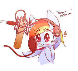 Size: 1200x1100 | Tagged: safe, artist:joycall6, rainbow dash, pony, g4, bipedal, blushing, female, headphones, mare, microphone, recording, simple background, solo, text, white background, wingless