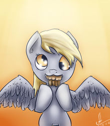 Size: 1984x2267 | Tagged: safe, artist:1vladislav, derpy hooves, pegasus, pony, g4, female, mare, muffin, solo, that pony sure does love muffins