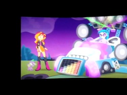 Size: 640x480 | Tagged: safe, dj pon-3, spike, sunset shimmer, vinyl scratch, equestria girls, g4, my little pony equestria girls: rainbow rocks, bassmobile