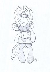 Size: 1024x1467 | Tagged: safe, artist:cyanyeh, fluttershy, anthro, unguligrade anthro, g4, belly button, clothes, female, monochrome, panties, socks, solo, t-shirt, traditional art, underwear