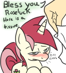 Size: 2628x2926 | Tagged: safe, artist:rainysunshine, roseluck, oc, oc:anon, human, g4, caring, cold, cute, flu, hand, high res, race swap, red nosed, sick, sneezing, sneezing fetish, tissue