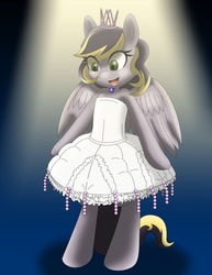 Size: 1280x1656 | Tagged: safe, oc, oc only, oc:aero, pony, semi-anthro, aero replies, bipedal, clothes, crossdressing, crown, dress, jewelry, offspring, parent:derpy hooves, parent:oc:warden, parents:canon x oc, parents:warderp, regalia, solo