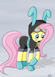 Size: 1024x1448 | Tagged: safe, artist:ailynd, fluttershy, pegasus, pony, g4, blushing, bunny ears, clothes, costume, cute, dangerous mission outfit, female, goggles, gray background, hoodie, mare, simple background, socks, solo