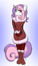 Size: 583x1000 | Tagged: safe, artist:tunderi, sweetie belle, anthro, g4, clothes, coat, female, older, solo, winter outfit
