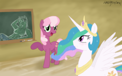 Size: 1280x800 | Tagged: safe, artist:anearbyanimal, cheerilee, princess celestia, oc, oc:anon, g4, blushing, chalkboard, human fetish