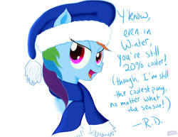 Size: 2560x1980 | Tagged: safe, artist:aerialift, rainbow dash, g4, clothes, female, hat, looking at you, scarf, solo, winter outfit