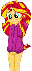 Size: 2250x5000 | Tagged: safe, artist:yanoda, sunset shimmer, equestria girls, g4, blushing, bottomless, clothes, covering, covering crotch, embarrassed, embarrassed nude exposure, female, hoodie, nudity, sexy, shirt pull, show accurate, shy, simple background, solo, sweater, transparent background, vector