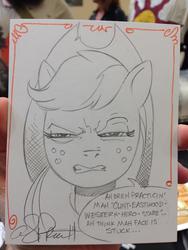 Size: 942x1256 | Tagged: safe, artist:andy price, applejack, g4, clint eastwood, face, female, impersonating, scrunchy face, solo, squint, squintjack, traditional art