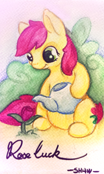 Size: 577x960 | Tagged: safe, artist:pa-kalsha, roseluck, earth pony, pony, g4, female, mare, rose, sitting, solo, traditional art, watering can