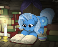 Size: 2500x2000 | Tagged: safe, artist:malamol, trixie, pony, unicorn, g4, book, candle, eating, female, hay, herbivore, high res, mare, solo, studying