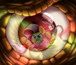Size: 4167x3560 | Tagged: safe, artist:otakuap, angel bunny, fluttershy, beholder, g4, badass, bloodshot eyes, dungeons and dragons, eye, eye reflection, flutterbadass, punch, this will end in pain