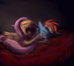 Size: 2000x1800 | Tagged: safe, artist:miokomata, fluttershy, rainbow dash, pegasus, pony, g4, cute, fangs, female, lesbian, ship:flutterdash, shipping, sleeping, yawn