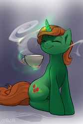 Size: 2400x3600 | Tagged: source needed, safe, artist:noben, oc, oc only, oc:winter green, pony, unicorn, high res, hot drink, magic, sniffing, solo, telekinesis