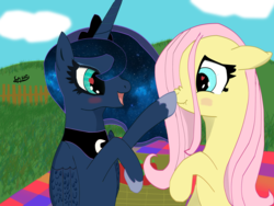 Size: 3000x2250 | Tagged: safe, artist:loserinhn, fluttershy, princess luna, g4, :t, blushing, boop, floppy ears, heart, heart eyes, high res, nose wrinkle, open mouth, picnic, scrunchy face, smiling