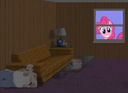 Size: 687x500 | Tagged: safe, pinkie pie, human, pony, aqua teen hunger force, carl brutananadilewski, couch, crossover, hiding, table, window