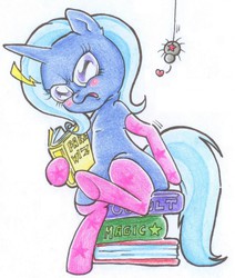 Size: 1086x1280 | Tagged: safe, artist:dahvyevloodbunny, trixie, pony, spider, star spider, unicorn, g4, blushing, book, clothes, female, heart, mare, socks, solo, traditional art