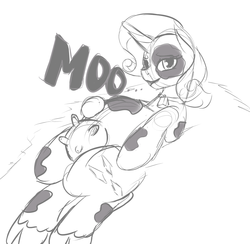 Size: 1359x1325 | Tagged: safe, artist:patch, rarity, cow, g4, belly, female, monochrome, on back, pregnant, raricow, sketch, solo, species swap, udder