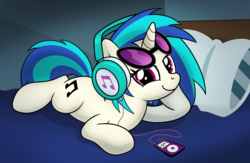 Size: 5176x3376 | Tagged: safe, artist:drawponies, dj pon-3, vinyl scratch, pony, unicorn, g4, bed, female, headphones, looking at you, mare, solo