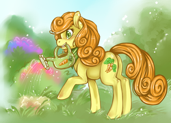 Size: 849x610 | Tagged: safe, artist:mlpfwb, carrot top, golden harvest, earth pony, pony, g4, bandana, butt, female, goldenbutt, mouth hold, neckerchief, plot, solo, watering can