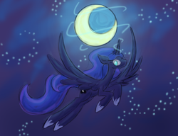 Size: 782x600 | Tagged: safe, artist:karlaandbliss, princess luna, lunadoodle, g4, crescent moon, female, flying, looking at you, magic, moon, night, smiling, solo, stars
