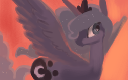 Size: 1003x635 | Tagged: safe, artist:verrmont, princess luna, alicorn, pony, lunadoodle, g4, crown, female, missing accessory, painting, solo, wingboner