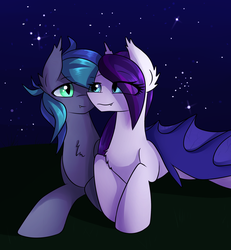 Size: 2400x2600 | Tagged: safe, artist:novabytes, oc, oc only, oc:sweet hum, oc:swift edge, bat pony, pony, couple, duo, female, high res, hug, lying down, male, night, starry night, stars, straight, sweetedge, winghug