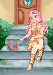 Size: 2893x4092 | Tagged: safe, artist:reaper145, fluttershy, human, squirrel, g4, bracelet, clothes, cutie mark accessory, door, dress, female, garden, hairclip, humanized, jewelry, shoes, socks, solo, stairs