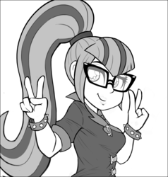Size: 1243x1303 | Tagged: source needed, safe, artist:deadsmutanon, sonata dusk, equestria girls, g4, my little pony equestria girls: rainbow rocks, double peace sign, gem, glasses, jewelry, necklace, siren gem, smiling, spiked wristband, wristband