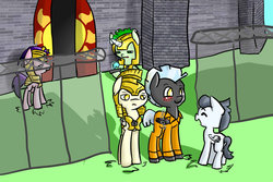 Size: 1024x683 | Tagged: safe, artist:catmak800, rumble, thunderlane, oc, pegasus, pony, unicorn, g4, blushing, bound wings, brothers, chains, clothes, colt, fence, happy, jumpsuit, male, prison, prison outfit, prisoner, royal guard, stallion