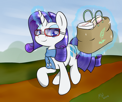 Size: 1500x1250 | Tagged: safe, artist:malwinters, rarity, g4, bag, clothes, female, glasses, magic, rarity's glasses, scarf, shopping, solo, telekinesis