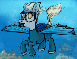 Size: 1024x782 | Tagged: safe, artist:hereticalrants, derpy hooves, pegasus, pony, g4, bubble, coral, crepuscular rays, dive mask, diving suit, female, flowing mane, flowing tail, goggles, mare, ocean, oxygen tank, scuba gear, seaweed, solo, spread wings, sunlight, swimming, tail, underwater, water, wings