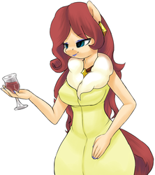 Size: 1167x1315 | Tagged: safe, artist:moonseeker, oc, oc only, oc:lulu ruby, anthro, clothes, dress, earring, female, glass, lipstick, mascara, necklace, shawl, solo, wine