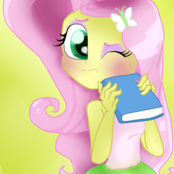 Size: 1024x1024 | Tagged: safe, artist:lorepeepsblue, fluttershy, equestria girls, g4, blushing, book, female, solo, wink