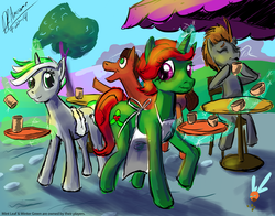 Size: 4200x3300 | Tagged: safe, artist:thebigbadwolf01, oc, oc only, oc:mint leaf, oc:winter green, earth pony, parasprite, pony, unicorn, apron, busy, cafe, clothes, coffee, cup, eyes closed, glowing horn, hoof hold, horn, magic, naked apron, pokey, telekinesis, tray