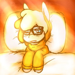 Size: 1280x1280 | Tagged: safe, artist:fu-do, oc, oc only, oc:punkin spice, pony, bed, clothes, female, glasses, morning ponies, solo, sweater, waking