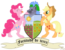 Size: 1280x993 | Tagged: safe, artist:carnivorouscaribou, applejack, pinkie pie, earth pony, pony, g4, blackletter, blazon in the comments, butt, coat of arms, crest, crops, earth pony tribe, field, flower, helmet, heraldry, hill, latin, motto, plot, plumes, scroll, shield, simple background, sun, supporters, transparent background