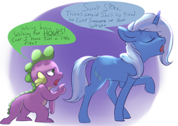 Size: 1280x904 | Tagged: safe, artist:imsokyo, spike, trixie, pony, unicorn, daily life of spike, g4, alternate universe, ask, dialogue, eyes closed, female, fluffy, male, mare, open mouth, raised hoof, straight, tired, tumblr