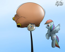 Size: 1280x1036 | Tagged: safe, artist:the-furry-railfan, applejack, rainbow dash, earth pony, pegasus, pony, g4, appleblimp, bingo wings, boots, diving suit, floating, flying, helmet, hose, inflatable suit, inflation, sabotage, sky, spherical inflation, thighs, this ended in balloons, thunder thighs