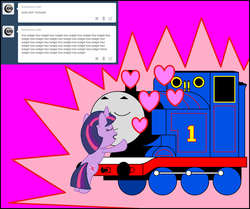 Size: 1280x1071 | Tagged: dead source, safe, twilight sparkle, pony, unicorn, g4, crack shipping, crossover, crossover shipping, downvote bait, every day we stray further from god's light, female, kissing, male, now kiss, shipping, straight, thomas the tank engine, twitom