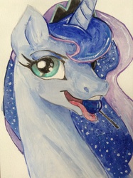 Size: 1936x2592 | Tagged: safe, artist:kp-shadowsquirrel, artist:moonfiredragon, princess luna, g4, female, lollipop, mouth hold, solo, tongue out, traditional art, watercolor painting